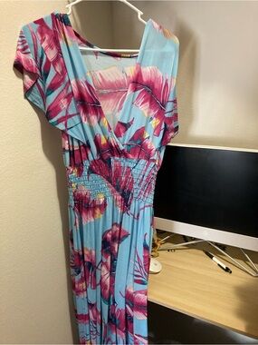 Light Blue Floral Maxi Dress with Pink Print